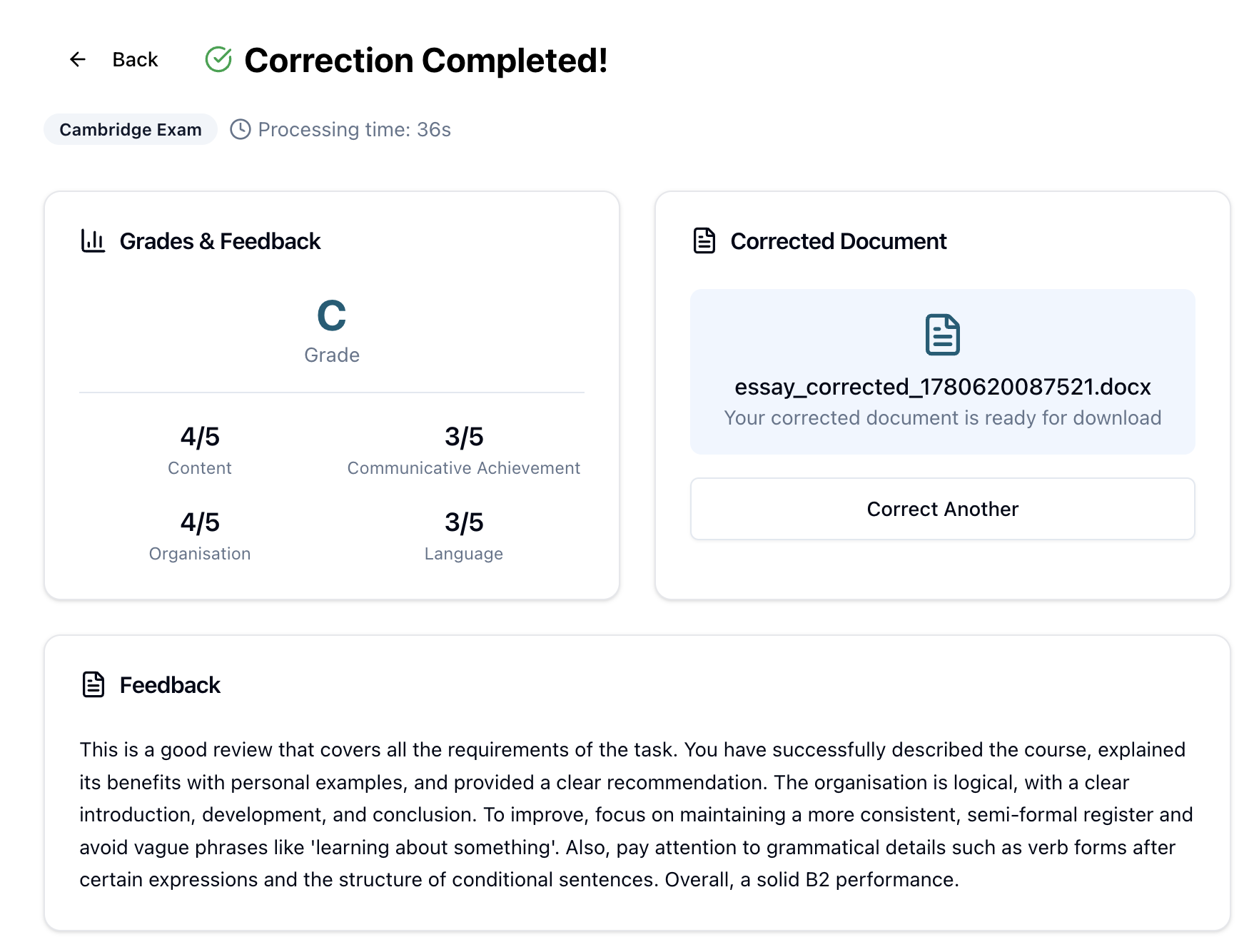Feedback no formato de cada exame