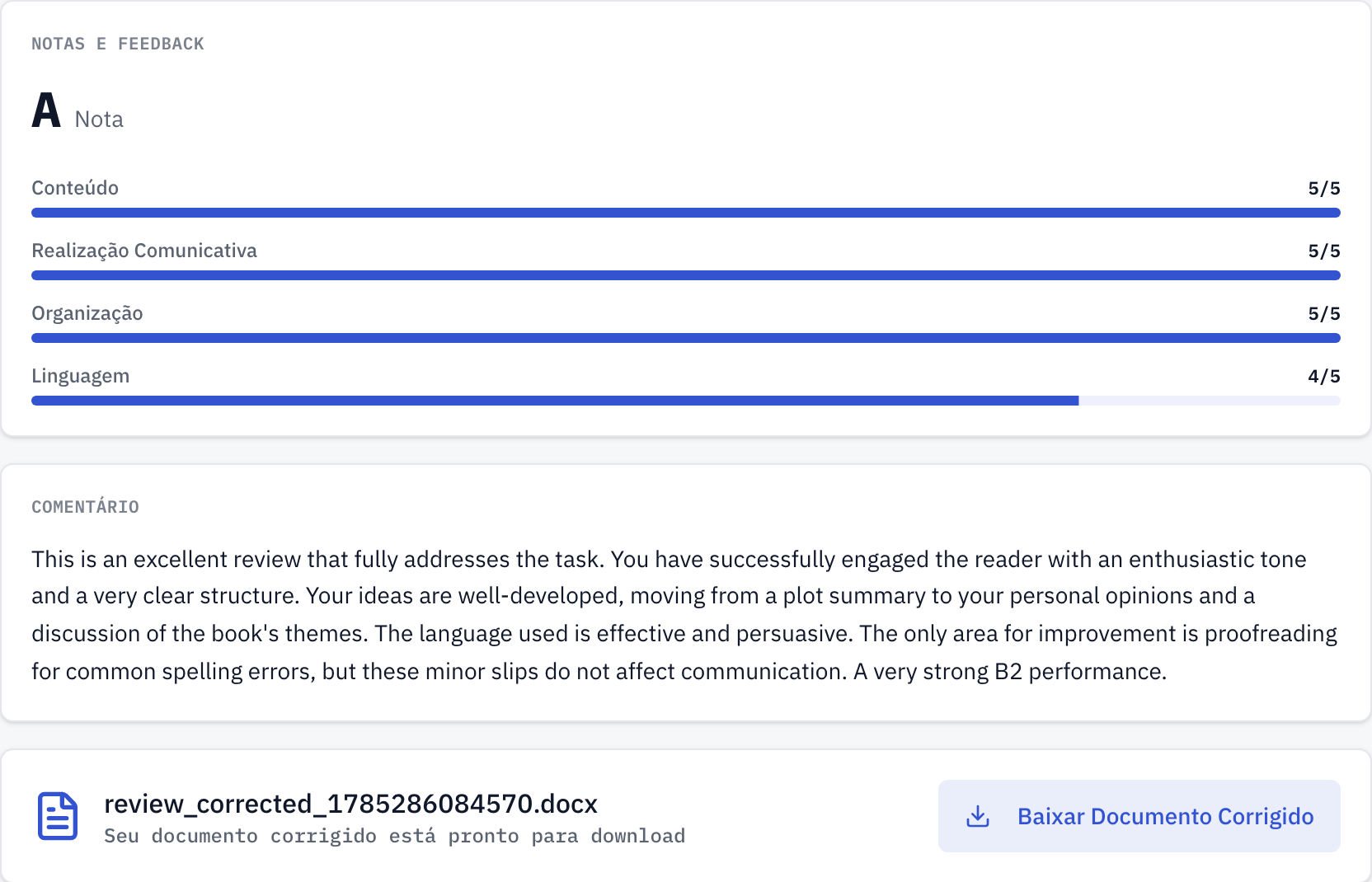 Feedback no formato de cada exame